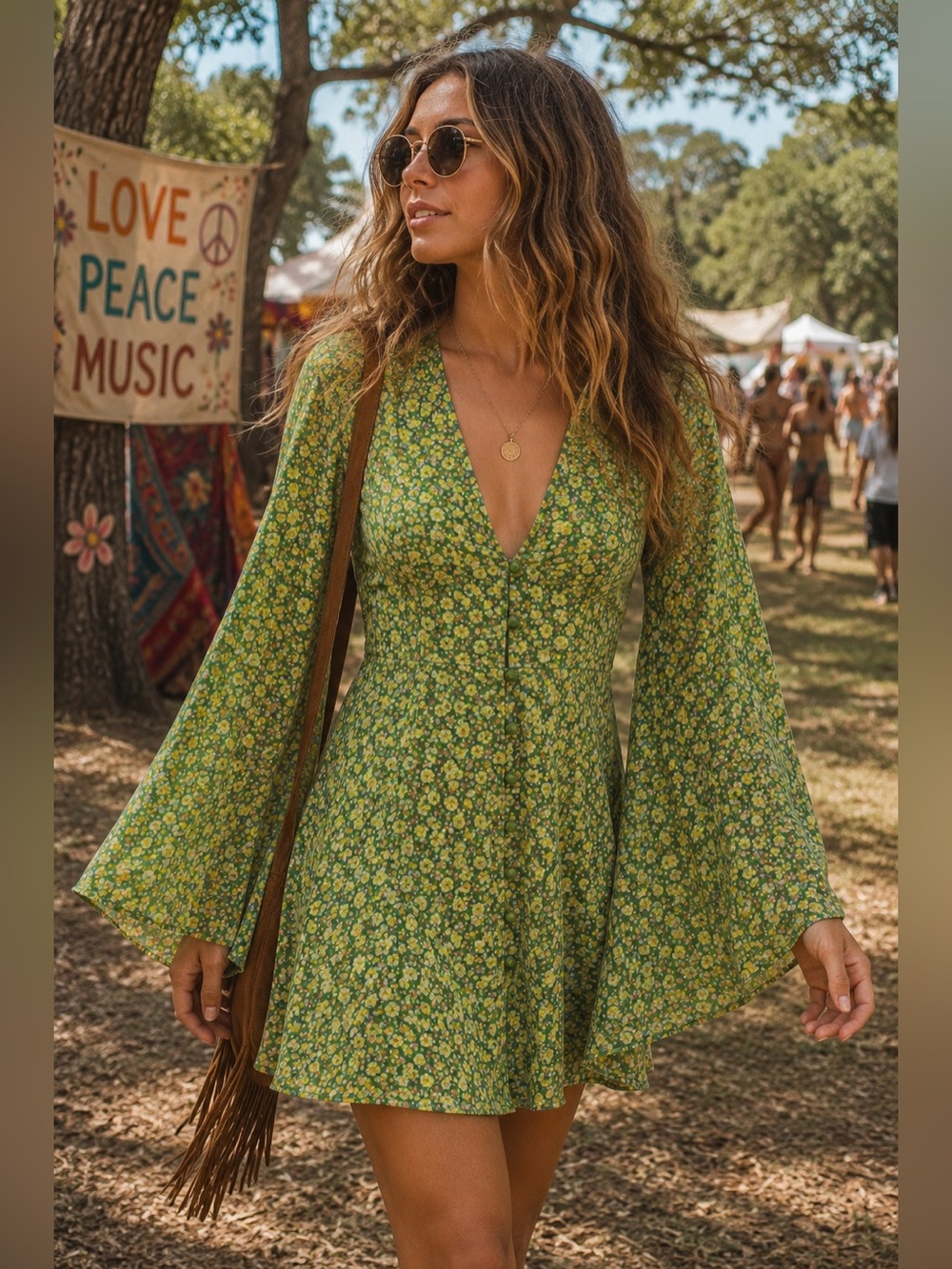 ASOS DESIGN Green Floral Boho Mini Dress US 12 Bell Sleeve Festival Cottagecore